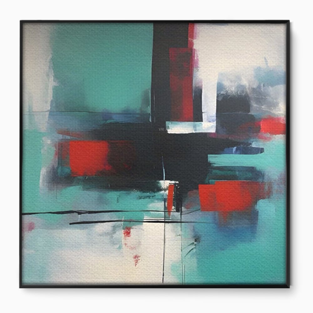 Tablou canvas cu pictura abstracta patrata cu pete rosii, in rama de aluminiu negru
